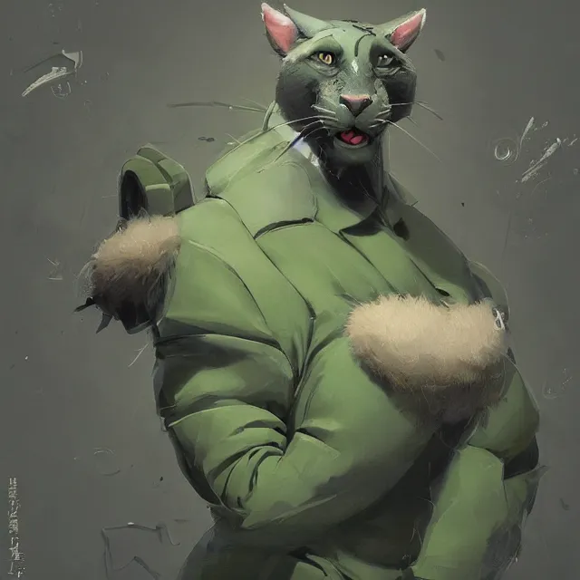 Image similar to a beautiful painting of a handsome anthropomorph gray and green panther furry fursona wearing an uniform. character design by cory loftis, fenghua zhong, ryohei hase, ismail inceoglu and ruan jia. artstation, volumetric light, detailed, photorealistic, rendered in octane