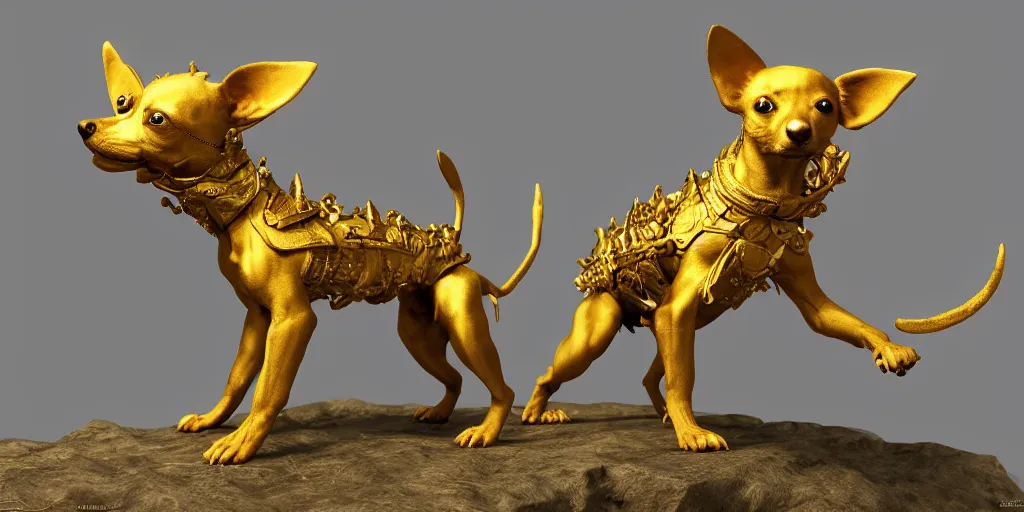 Prompt: humanoid Chihuahua pinscher mix in golden ornamented armor, ears, white particles, dark souls style, Fantasy Style, cinematic light, 35mm camera lens, with ZBrush, by Zdzislaw Beksinski