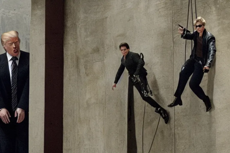 Prompt: movie still of spy donald trump as tom cruise in mission impossible hanging from a cable