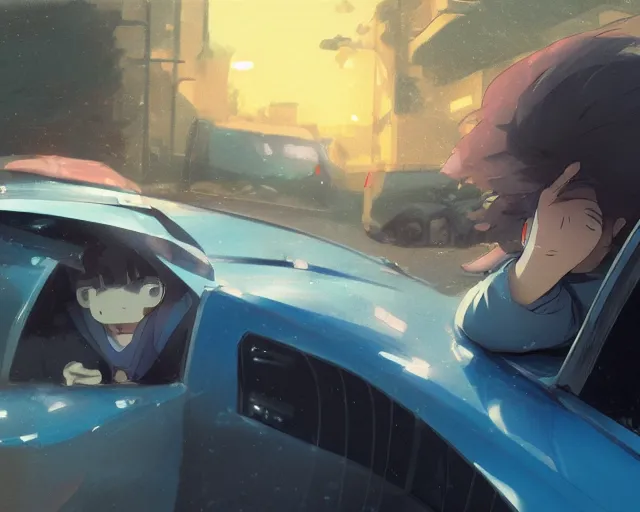 Image similar to a brunnete girl with blue eyes and puffy cheeks driving a car, car accident, close up shot from the back of the car, anime art, Greg Rutkowski, studio ghibli, dramatic lighting