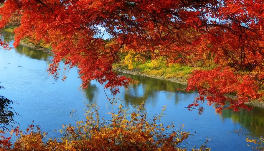 Image similar to a beautiful woman turning into a peaceful river, it's autumn and a gentle breeze is moving leaves around