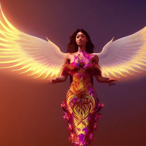 Image similar to a beautiful orchid phoenix angel woman, in an ornamented dress with large wings, octane, unreal engine, volumetric light, god rays, 8 k high resolution, rubies