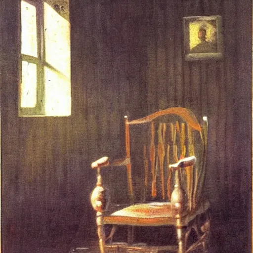 Image similar to angry old man in chair inside a dark house, painting by by ralph grady james, jean christian biville