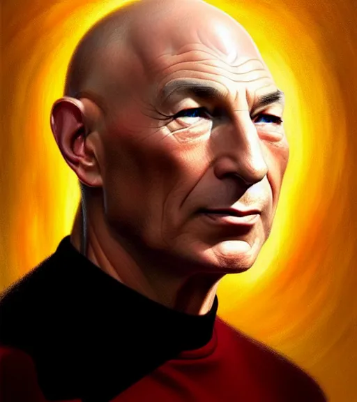 Image similar to portrait of Jean Luc Picard, 4K, UHD intricate, elegant, highly detailed, centered, digital painting, artstation, concept art, smooth, sharp focus, illustration, by Peter Mohrbacher, WLOP