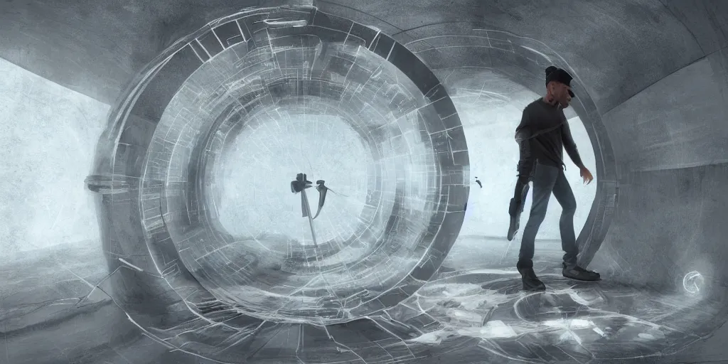 Image similar to guy standing in spinning portal where he can see himself in the future, artstation, realistic, moody
