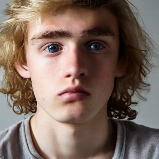 Image similar to Portrait of a sad looking teenage boy, around 20 yo, natural blonde hair and smooth pale skin. Detailed face. Award winning photograph.