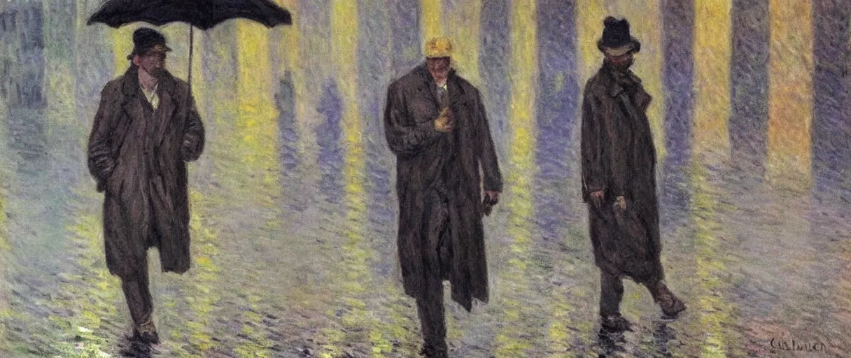 Image similar to a single!!!!!!! drunk and depressed film noir detective in a trench-coat, walking along a street; a painting by Claude Monet