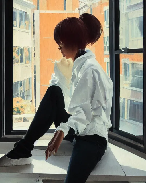 Image similar to A ultradetailed beautiful panting of a stylish woman sitting next to a window, she is wearing streetwear, bright sunny day, Oil painting, by Ilya Kuvshinov, Greg Rutkowski and Makoto Shinkai