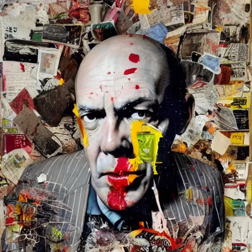 Image similar to hyperrealistic, photorealistic, mixed media oil painting of hunter s thompson, magazine scraps, plaster, blood, oil, mustard, splatter, greg rutkowski, basquiat, ralph steadman, terry gilliam