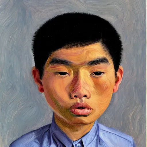 Image similar to detailed portrait of a modern, young confident southeast asian american young man, large eyes, round cheeks, tanned skin, medium length hair in the style of lucian freud, francis bacon, john chamberlain, willem de kooning, andreas franke, jean giraud, rob gonsalves, james gurney, james jean, ruan jia, gustav klimt