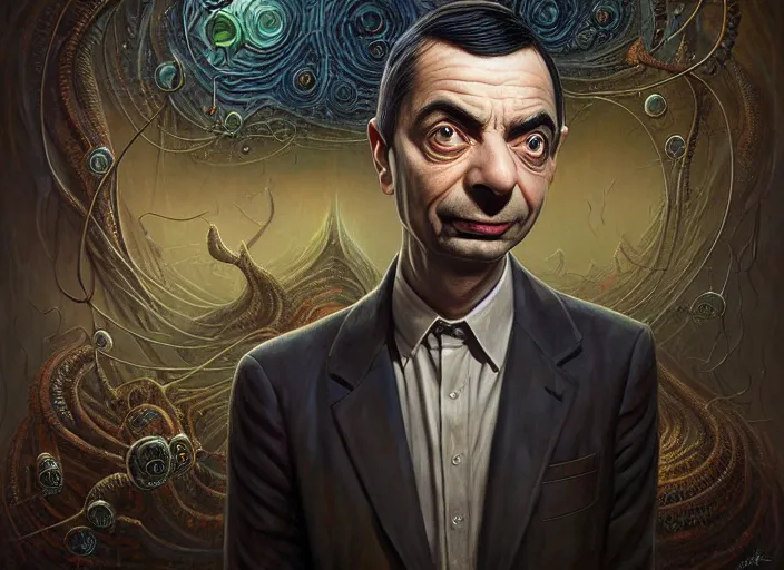 Image similar to lovecraft biopunk portrait of mr bean, fractal background, by tomasz alen kopera and peter mohrbacher