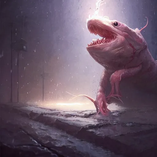 Prompt: shocked Axolotl hit by lightning from the sky in a small puddle, thunder, dramatic, dark, fantasy, digital art, hyperrealistic, Greg Rutkowski, Trending on Artstation, highly detailed