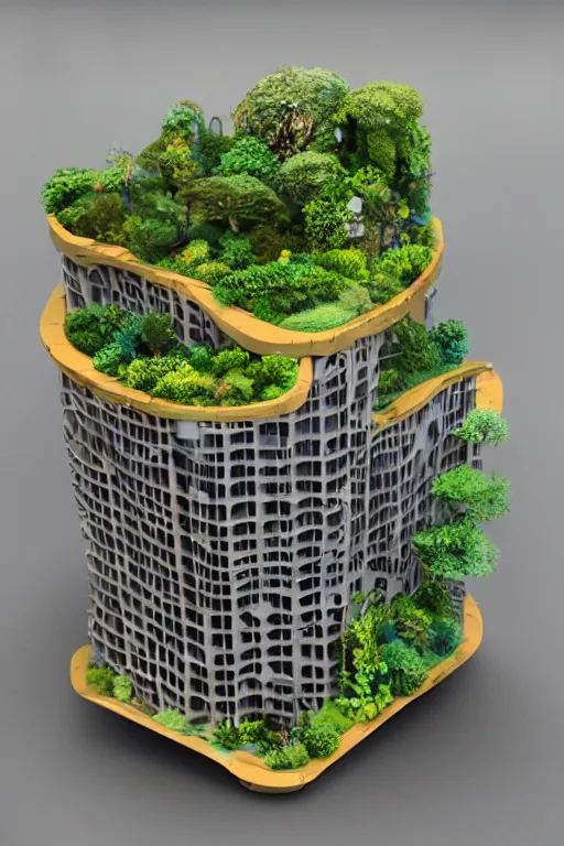 Image similar to 3 d printed physical model that is organic flowy including more than one city into one vertical building that sits on a table in a room with a view back and golden rim drame in the bottom, multiple stories, transparent, with vegetation, colorful, eye - level view, 8 0 k, octane render, highly detailed 3 d render,