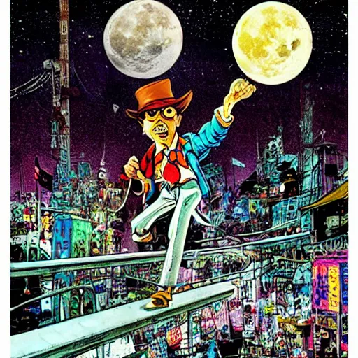 Prompt: full moon, figurines, travel!! tilt shift, style of will eisner and shuzo oshimi, full of color, on white, smooth, thin sharp lines, detailed