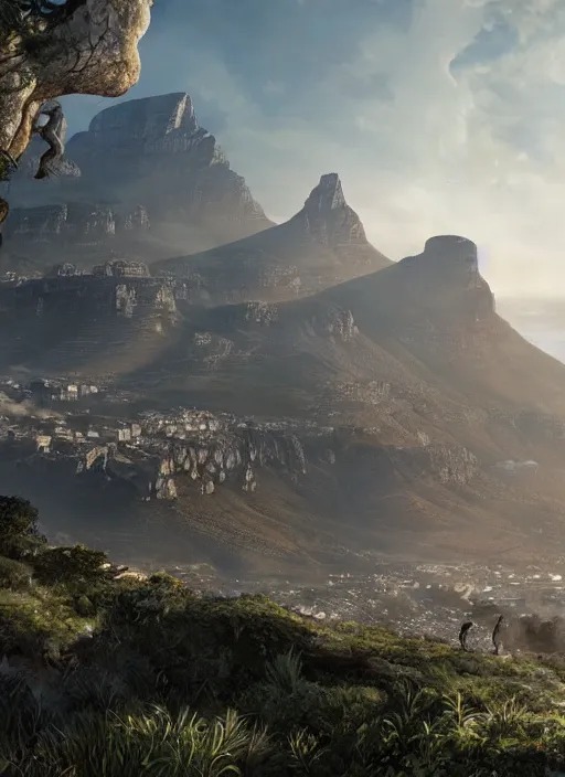 Image similar to chtulu attacking cape town city, table mountain, dense foliage beautiful details, strong composition by kim jung giu weta studio rutkowski, james gurney and greg rutkowski, and lucasfilm