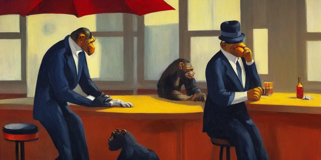 Prompt: Painting in the style of Edward Hopper featuring a chimp sitting at a bar, wearing a suit and a hat, smoking a cigar and drinking whisky. Rainy weather