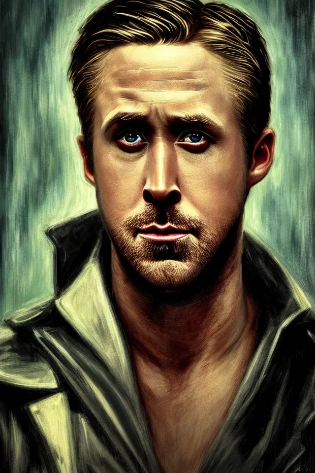 Image similar to Ryan Gosling As The Punisher, skull face makeup, head and shoulders portrait, stormy weather, extremely detailed masterpiece, oil on canvas, low-key neon lighting, artstation, Blade Runner 2049, Roger Deakin’s cinematography, by J. C. Leyendecker and Peter Paul Rubens and Edward Hopper and Michael Sowa