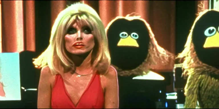 Image similar to Photorealistic Cinematography of Debbie Harry hosting The Muppet show in 1981