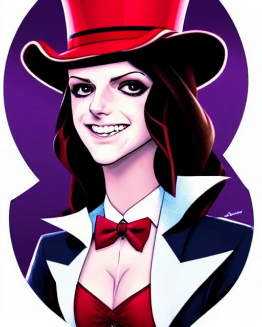 Image similar to beautiful Anna Kendrick Zatanna DC Comics floating on stage, wearing a top hat, symmetrical face symmetrical eyes, smiling, fantasy, intricate details, atmospheric, elegant, concept art, art by artgerm and eiichiro oda and koyoharu gotouge