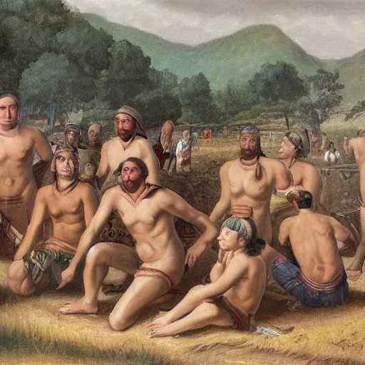 Image similar to A painting of a group of white skinned tribespeople.