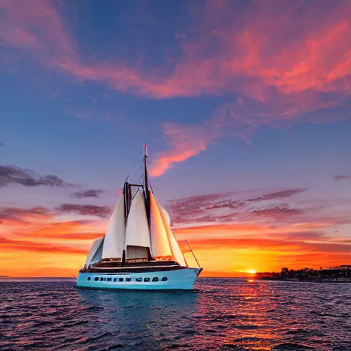 Prompt: the sydney operah house as a giant sailboat in the ocean with a beautiful sunset