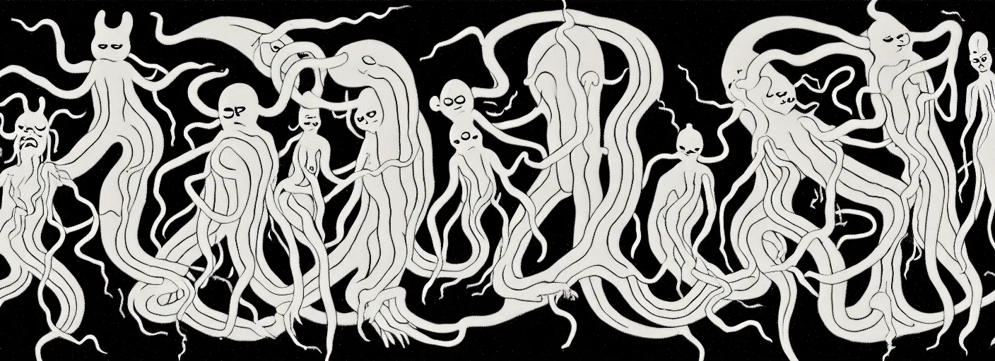 Image similar to whimsical uncanny creatures with flagella shaped like yin yangs from the depths of the collective unconscious, dramatic lighting, surreal dark 3 0 s cartoons