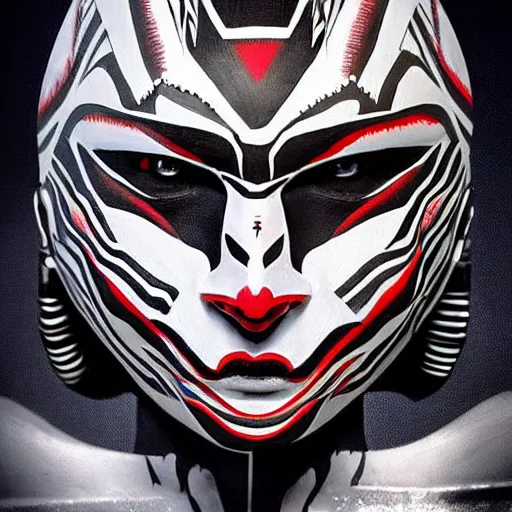 Prompt: symmetry!! a female transformer with tribal paint, cruel eyes!! very symmetrical face, highly detailed, by vitaly bulgarov, by steven zavala, by matt tkocz, by shane baxley, transformers cinematic universe, pinterest, deviantart artstation _ h 7 5 0