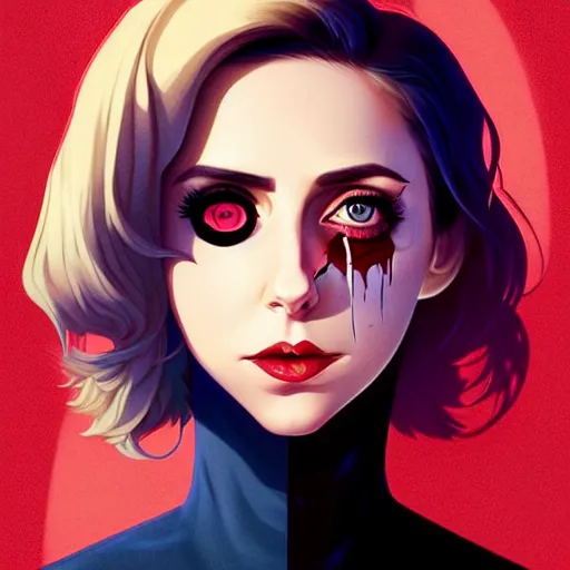 Prompt: loish, artgerm, Joshua Middleton art, pretty female Alison Brie serial killer holding bloody knife, blood on clothes and face, sarcastic smile, symmetrical eyes, symmetrical face, full body, jean jacket, jeans, short blonde hair, middle shot, night time, deep blacks