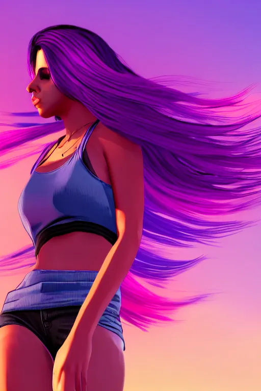 Image similar to a stunning GTA V loading screen with a beautiful woman with ombre purple pink hairstyle, hair blowing in the wind, sunset, outrun, vaporware, retro, digital art, trending on artstation