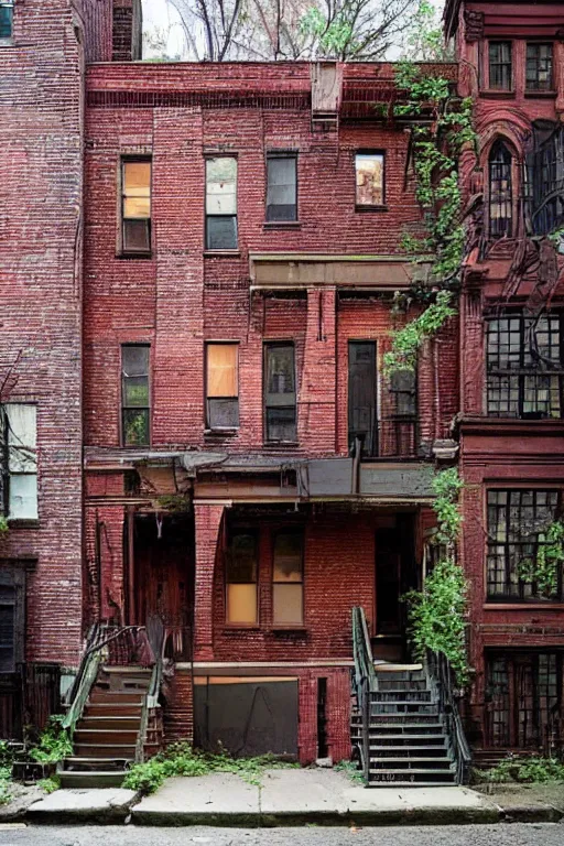 Image similar to (((((a ramshackle Manhattan brick brownstone deep in the forest))))) by Robin Tran!!!!!!!!!!!!!!!!!!!!!!!!!!!