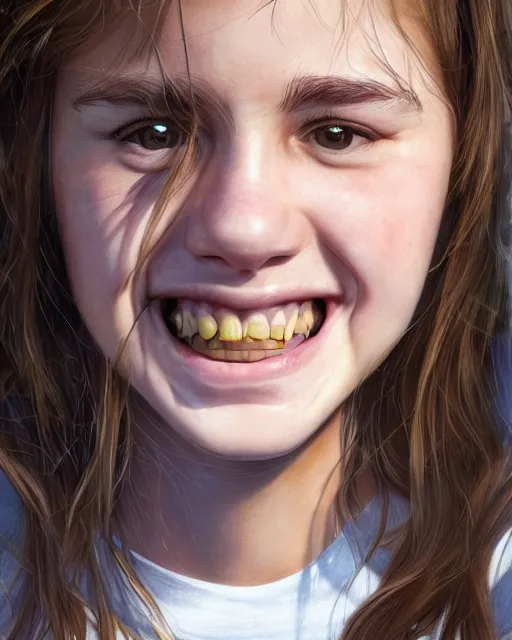 Image similar to close up portrait of 1 5 - year - old girl, smile with large front teeth, hermione, very bushy brown hair, and very bright brown eyes, wearing white shirt, hyper realistic face, beautiful eyes, character art, art by mark brooks, hyperdetailed, cryengine, trending on artstation, digital art