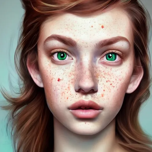 Image similar to beautiful hyperrealism hyperdetailed selfie of a cute young woman, long light bronze brown hair, flushed face, red blush, light freckles, puffy lips, soft features, emerald green eyes, 8 k, sharp focus, art by irakli nadar