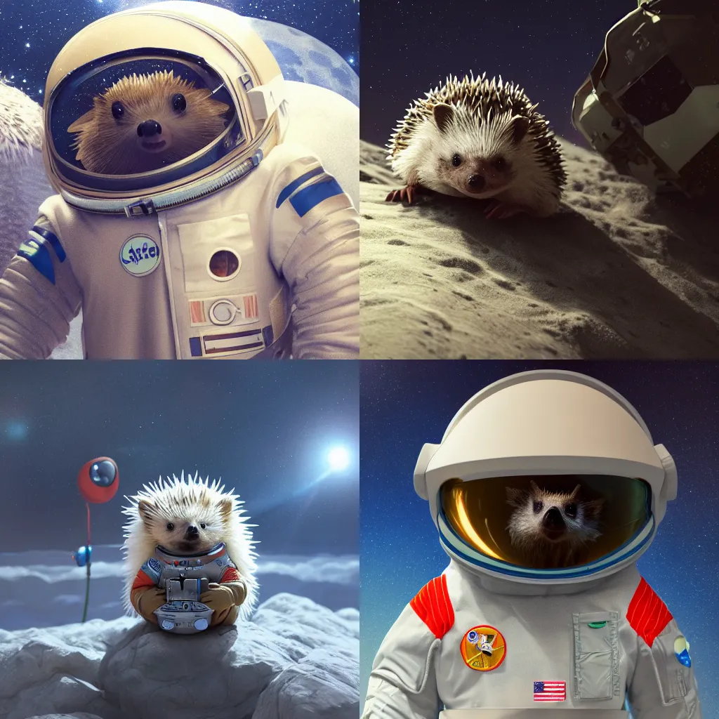 Prompt: an adorable hedgehog in a hedgehog astronaut suit on the moon, digital painting, detailed, trending on artstation, in the style of dominik mayer, thomas dubois, gaston bussiere, 8 k, octane render