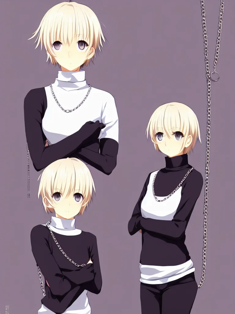 Image similar to beautiful girl with red eyes, short blonde hair, ahoge hair, wearing a white turtleneck sweater, wearing a detailed chain-link necklace, arcueid, in the style of type-moon studios, extremely clean lines, anime and manga style