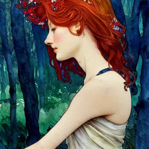 Image similar to side view a beautiful and inspiring intricate watercolor illustration artwork red hair girl in the forest, feeling the nature, eyes closed, 4 k, ultra - wide angle, by william turner, by victo ngai, by alphonse mucha, by miho hirano, hd, trending on artstation, hyper detailed, muted colors, inspiring, beautiful, energetic