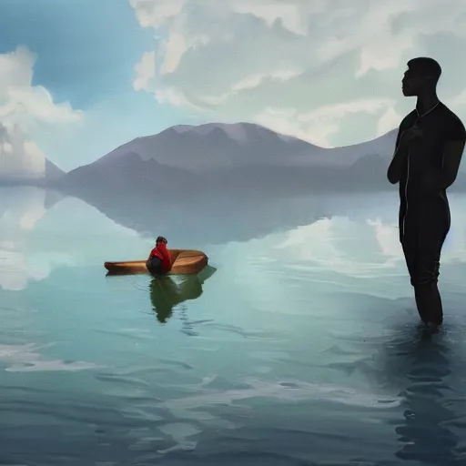 Image similar to a retro realistic painting of a ghost!!! shining in a lake while a black kid! stares at it with a florest! in the background, a scenic view, realistic, volumetric light, detaliesd painting by Kehind Wiley, trending on artstation.