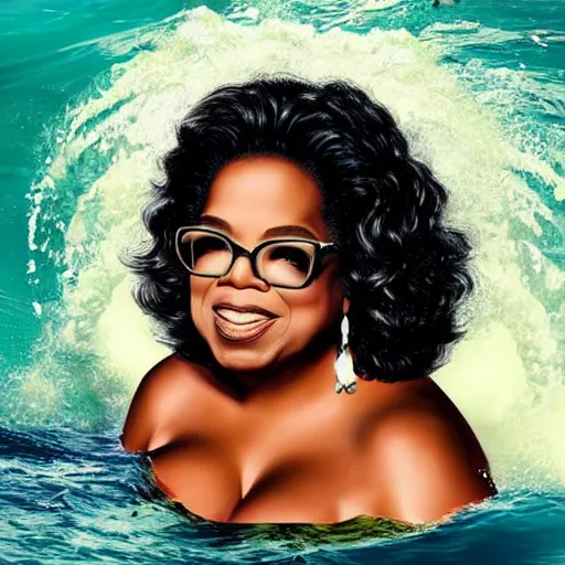 Image similar to Oprah Winfrey in the ocean swimming with dolphins, 8k UHD, hyper realistic, nature photography