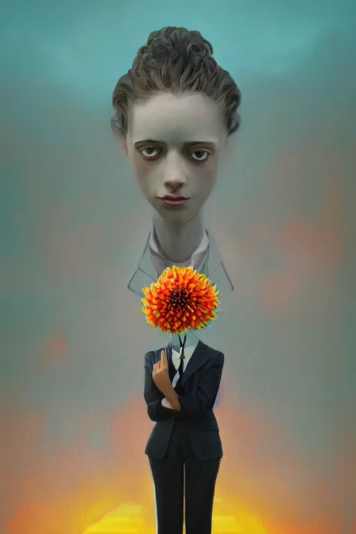 Image similar to portrait giant dahlia flower head, frontal, girl in a suit, standing in street, surreal photography, sunrise, dramatic light, impressionist painting, digital painting, artstation, simon stalenhag