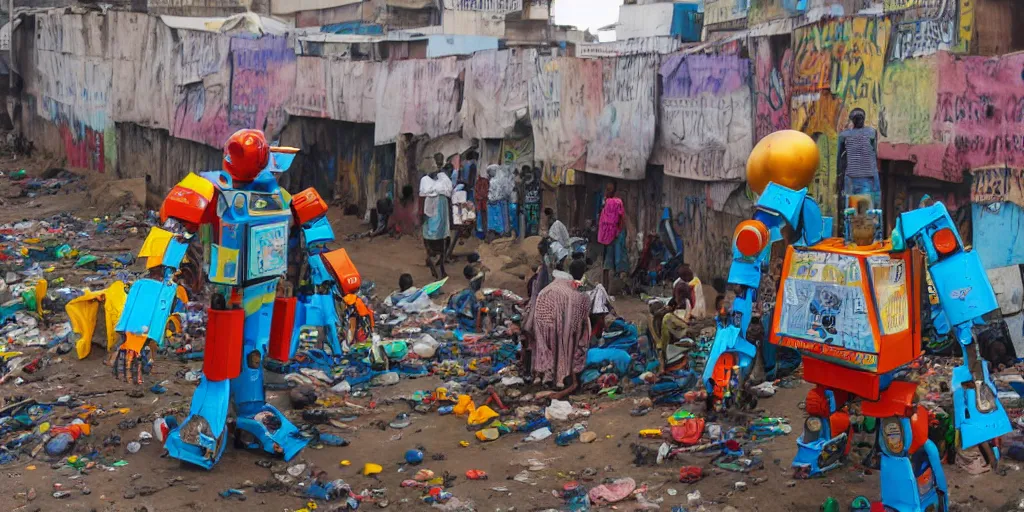 Prompt: colourful giant mecha ROBOT of AJEGUNLE_SLUMS of Lagos, writing on robot,