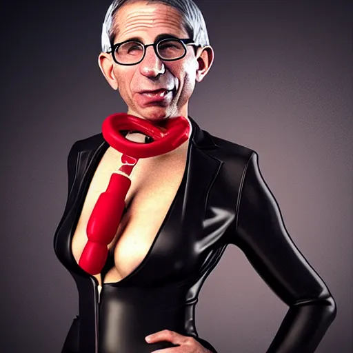 Image similar to dr. fauci with a red ball gag in his mouth and dominatrix bond girl suit, realistic render, digital art, highly detailed, dramatic lighting, award winning deviant art