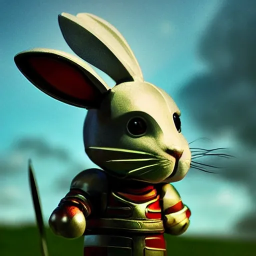 Prompt: bunny with helmet and sword, dramatic lighting cinematic establishing shot extremely high detail foto realistic cinematic lighting post processed