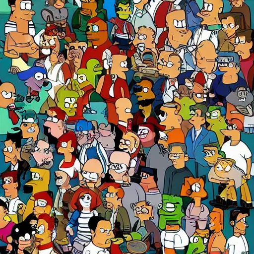 Prompt: All the characters of Futurama, in the style of a Where's Waldo book cover.