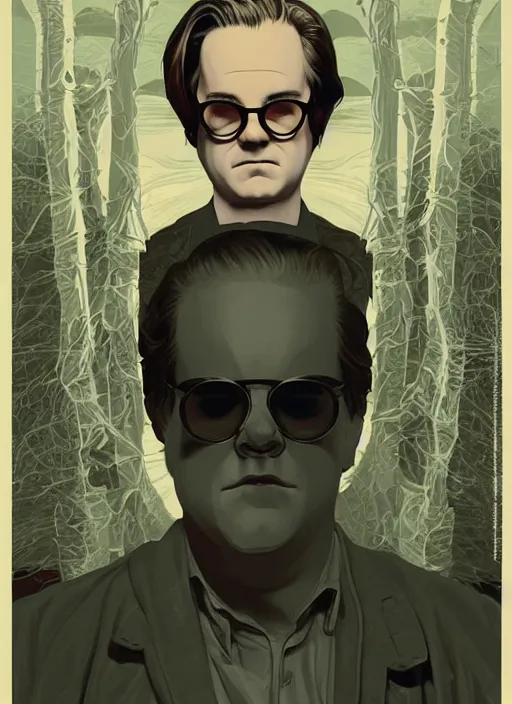 Prompt: poster artwork by Michael Whelan and Tomer Hanuka, Karol Bak of Philip Seymour Hoffman wearing aviator glasses, from scene from Twin Peaks, clean