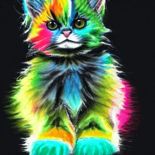 Image similar to wide angle full body, of a fluffy cute rainbow kitten wearing a black leather motorcycle jacket, concept art