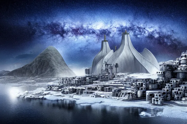 Prompt: favela twisting spaceship cathedral, snowy arctic environment, industrial factory, cliffs, peaks, bright, milky way, award winning art, epic dreamlike fantasy landscape, ultra realistic,