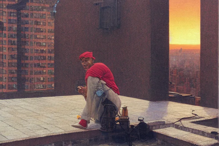 Image similar to painting of a rapper in a rooftop, watching new york, beautiful, sunset, romantic, by ludwig deutsch and maxfield parrish, patterned tilework, extremely detailed, cinematic lighting, smooth sharp focus