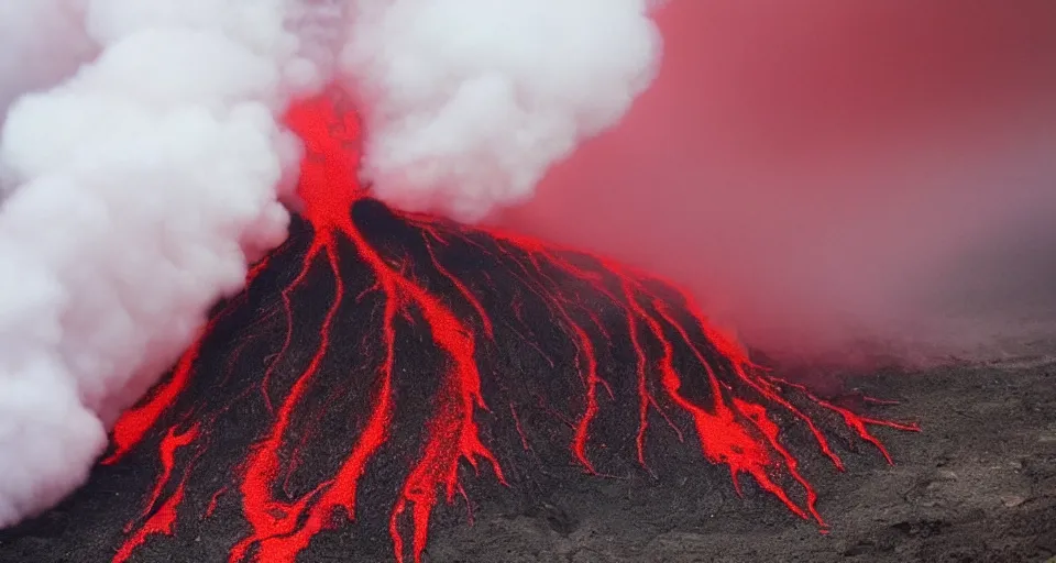 Image similar to a volcano made of ivory vines and crimson rocks enters in eruption, it spits a smoke in the shape of demonic eye, by a 8 years old kid,