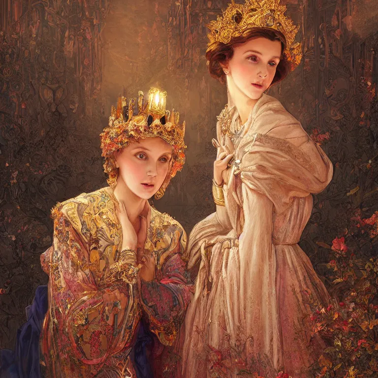 Image similar to a beautiful painting of a crowned princess in an ornate gown resembling millie bobby brown watching the lantern festival in ancient london, at night with a sky full of stars, intricate, elegant, highly detailed, digital painting, artstation, concept art, by krenz cushart and artem demura and alphonse mucha