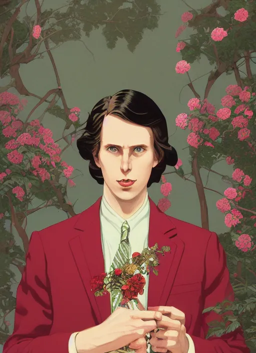 Prompt: artwork by Michael Whelan, Bob Larkin and Tomer Hanuka, of a solo individual portrait of person with flowers wearing a 1920s red striped outfit, dapper, simple illustration, domestic, nostalgic, full of details, by Makoto Shinkai and thomas kinkade, wes anderson, wes anderson, wes anderson, wes anderson, wes anderson, Matte painting, trending on artstation and unreal engine