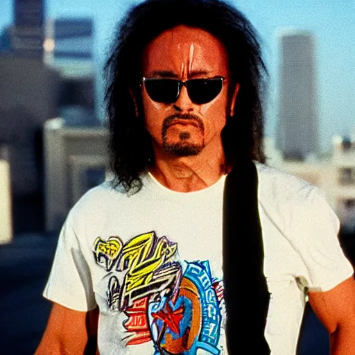 Prompt: Film still of 'Los Angeles Vice Squad' (1990). Kung-fu earth hippie villian. Sigma 85mm f/8